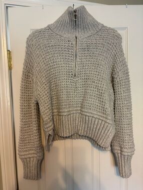Sincerely Jules Light Gray Half-Zip Cowl Knit Sweater
